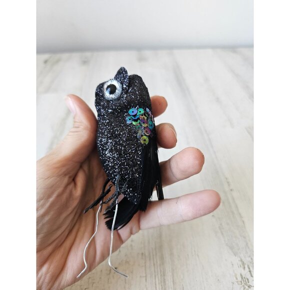 Clip sparkle glitter owl ornament black sequin feather Halloween tree - Picture 7 of 9
